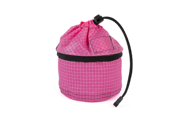 A Small Travel Tray in Cerise (pink with white grid) 200 Halcyon cinched up.